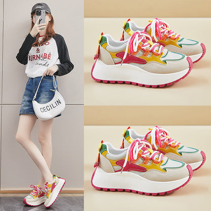 Women’s Vibrant Patchwork Sneakers - Chunky Heel & Retro Flair