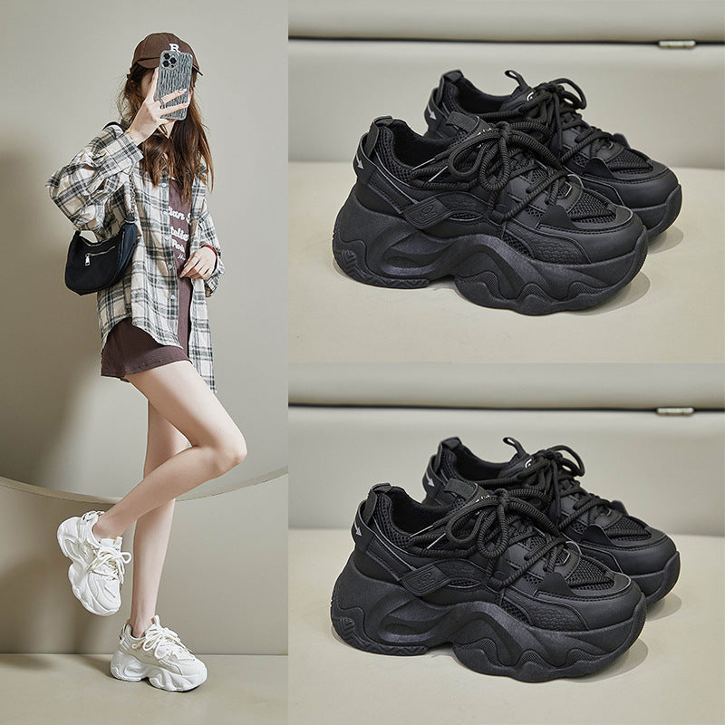 All - Black White Chunky Dad Sneakers - Mesh & Leather Platform Shoes
