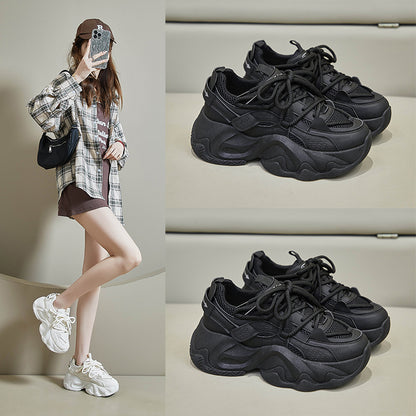All - Black White Chunky Dad Sneakers - Mesh & Leather Platform Shoes