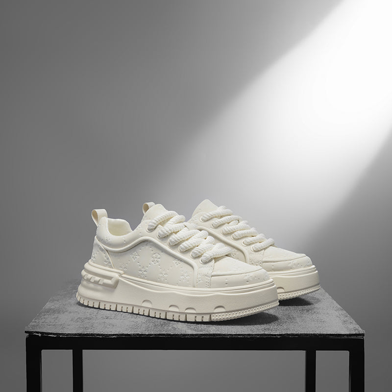 Trendy Embossed Low - Top Sneakers - Chunky Heel & Textured Upper