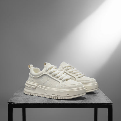 Trendy Embossed Low - Top Sneakers - Chunky Heel & Textured Upper