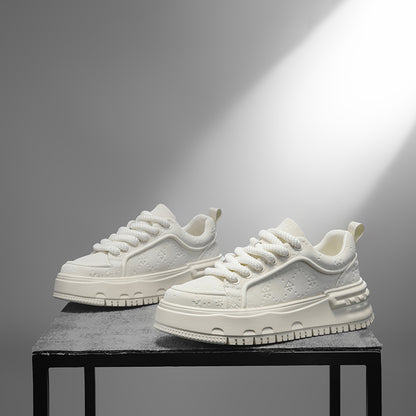 Trendy Embossed Low - Top Sneakers - Chunky Heel & Textured Upper
