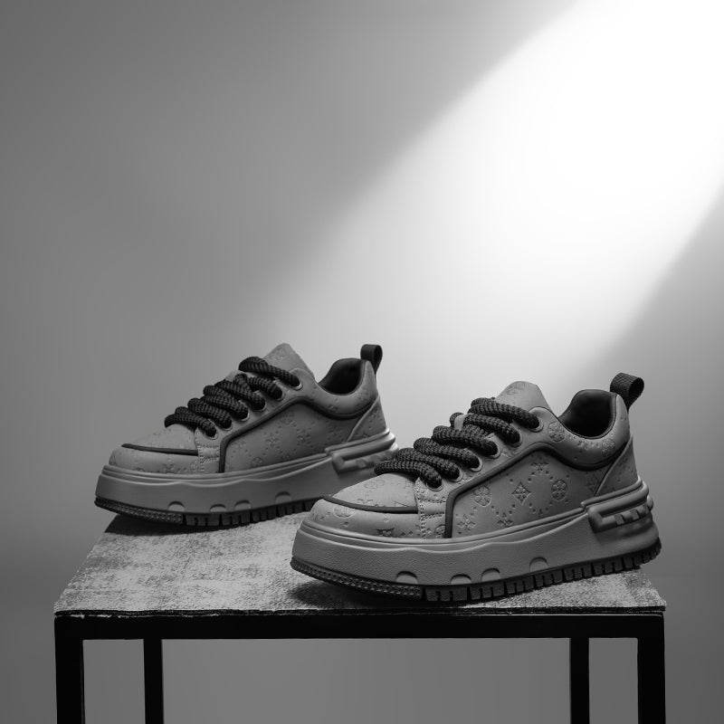 Trendy Embossed Low - Top Sneakers - Chunky Heel & Textured Upper