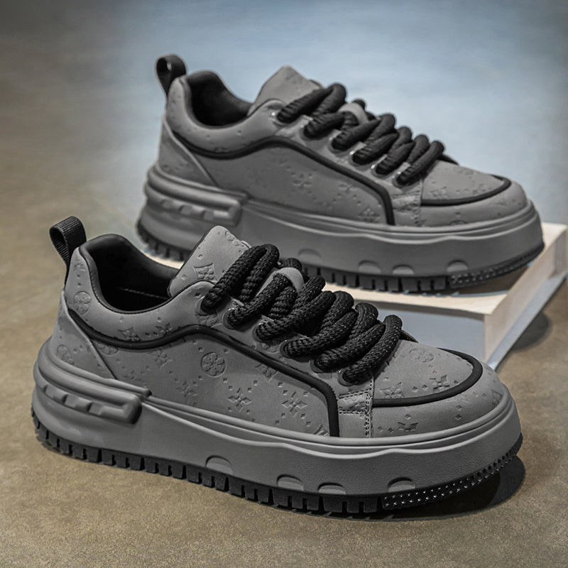 Trendy Embossed Low - Top Sneakers - Chunky Heel & Textured Upper