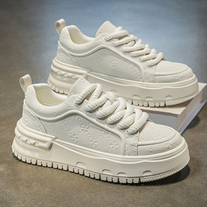 Trendy Embossed Low - Top Sneakers - Chunky Heel & Textured Upper