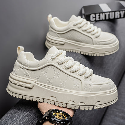 Trendy Embossed Low - Top Sneakers - Chunky Heel & Textured Upper