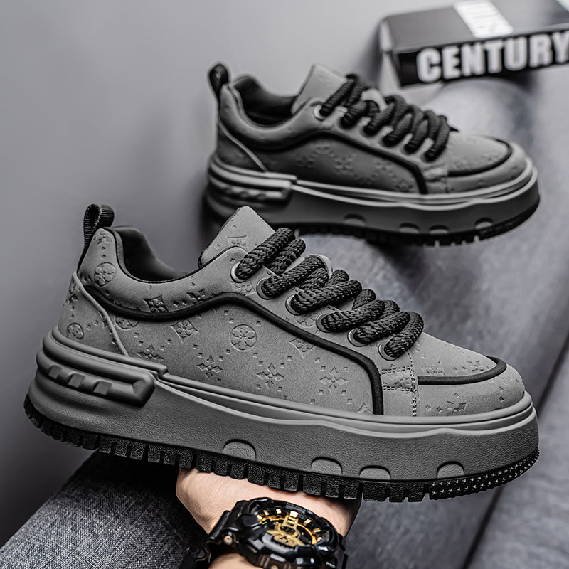 Trendy Embossed Low - Top Sneakers - Chunky Heel & Textured Upper