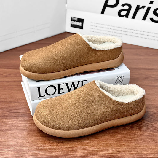 Men's Fleece-Lined Slippers - Suede-Like Warm Indoor Shoes (Brown & Black)