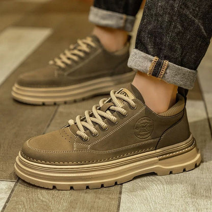 Men's Retro Chunky Sole Casual Shoes - Khaki & Black Suede-Like Workwear Sneakers