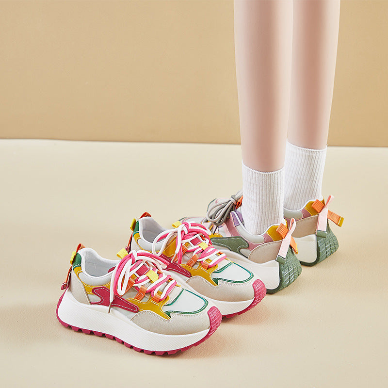 Women’s Vibrant Patchwork Sneakers - Chunky Heel & Retro Flair