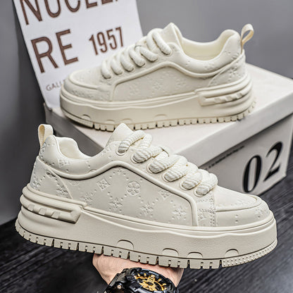 Trendy Embossed Low - Top Sneakers - Chunky Heel & Textured Upper