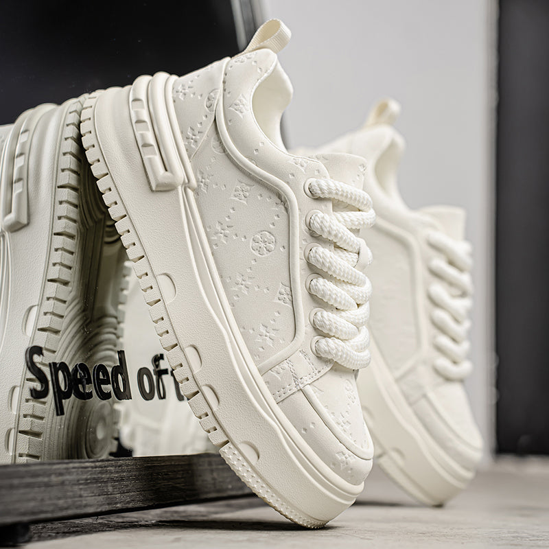 Trendy Embossed Low - Top Sneakers - Chunky Heel & Textured Upper