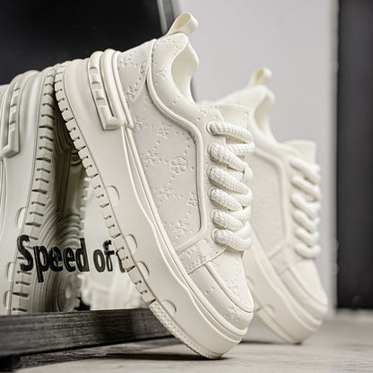 Trendy Embossed Low - Top Sneakers - Chunky Heel & Textured Upper