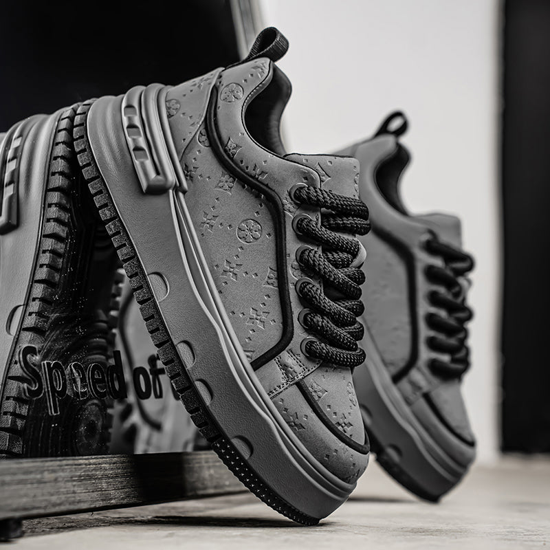 Trendy Embossed Low - Top Sneakers - Chunky Heel & Textured Upper