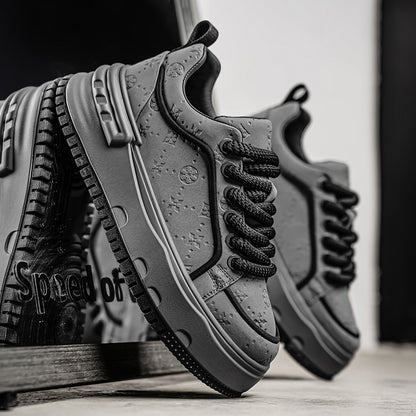 Trendy Embossed Low - Top Sneakers - Chunky Heel & Textured Upper