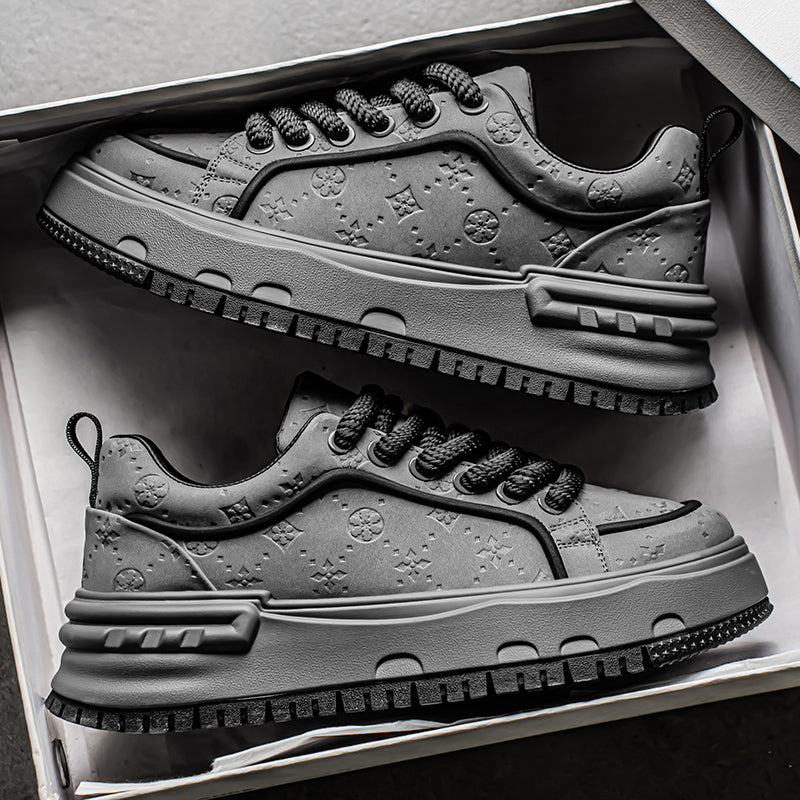 Trendy Embossed Low - Top Sneakers - Chunky Heel & Textured Upper