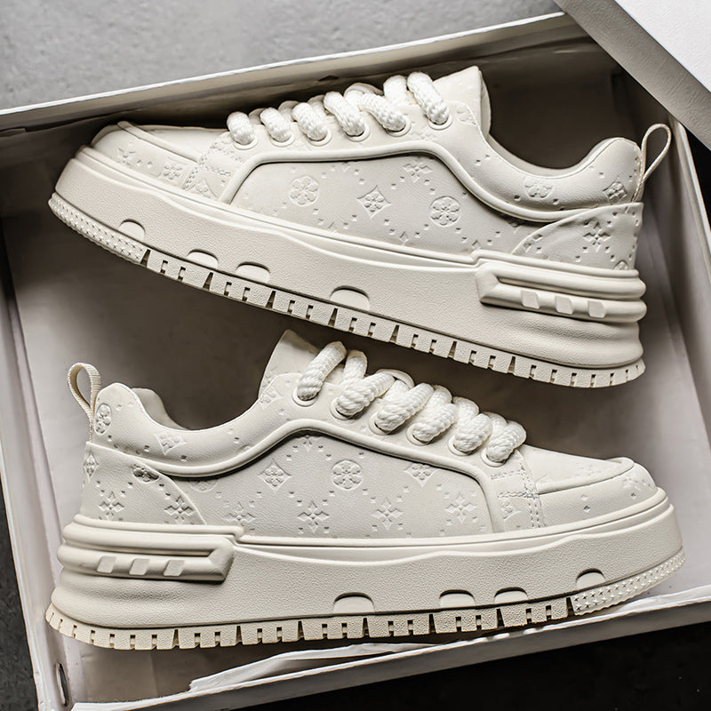 Trendy Embossed Low - Top Sneakers - Chunky Heel & Textured Upper