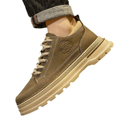 Men's Retro Chunky Sole Casual Shoes - Khaki & Black Suede-Like Workwear Sneakers