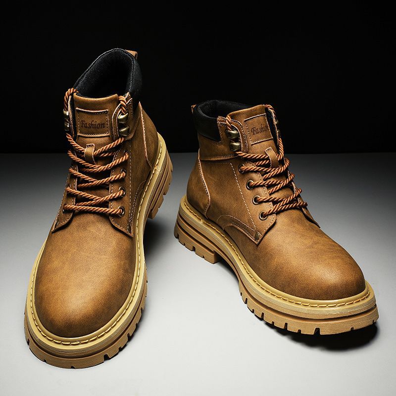 Men's High-Top Work Boots - Chunky Sole Vintage Leather Ankle Boots