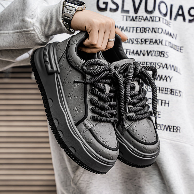 Trendy Embossed Low - Top Sneakers - Chunky Heel & Textured Upper