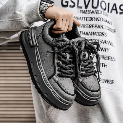 Trendy Embossed Low - Top Sneakers - Chunky Heel & Textured Upper