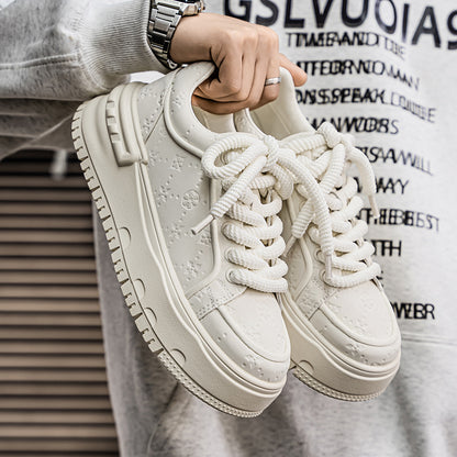 Trendy Embossed Low - Top Sneakers - Chunky Heel & Textured Upper