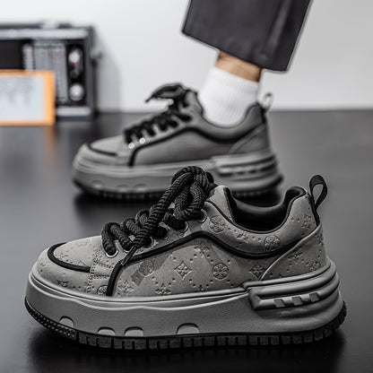 Trendy Embossed Low - Top Sneakers - Chunky Heel & Textured Upper