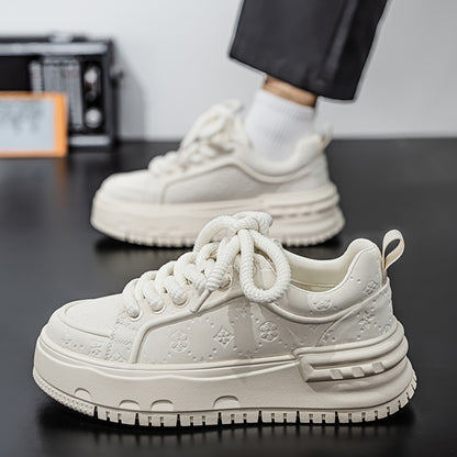 Trendy Embossed Low - Top Sneakers - Chunky Heel & Textured Upper