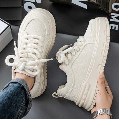 Trendy Embossed Low - Top Sneakers - Chunky Heel & Textured Upper