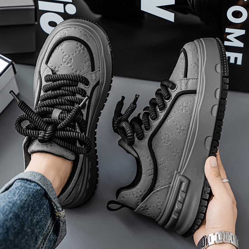 Trendy Embossed Low - Top Sneakers - Chunky Heel & Textured Upper