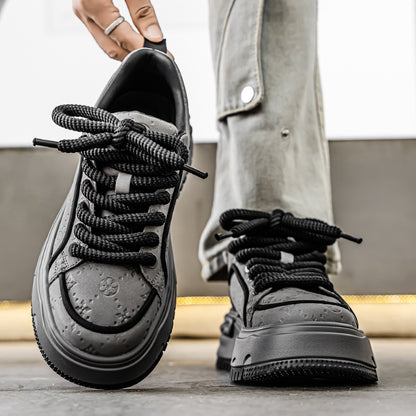 Trendy Embossed Low - Top Sneakers - Chunky Heel & Textured Upper