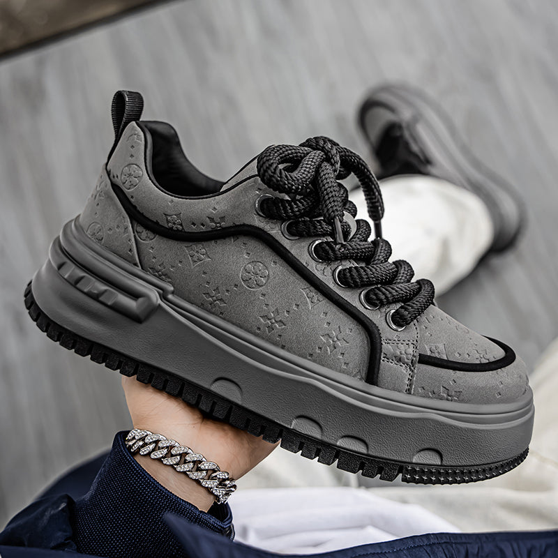 Trendy Embossed Low - Top Sneakers - Chunky Heel & Textured Upper