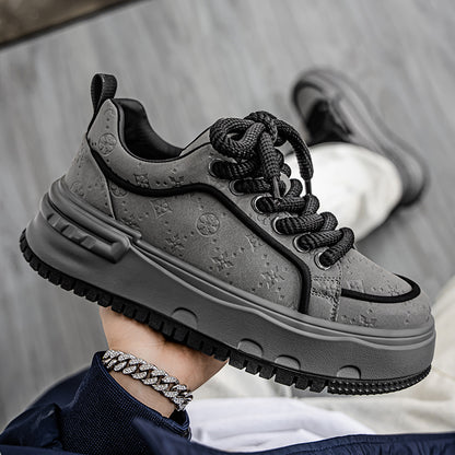 Trendy Embossed Low - Top Sneakers - Chunky Heel & Textured Upper