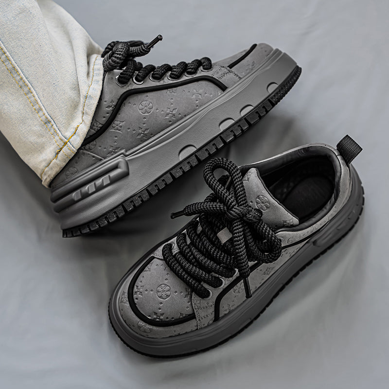 Trendy Embossed Low - Top Sneakers - Chunky Heel & Textured Upper