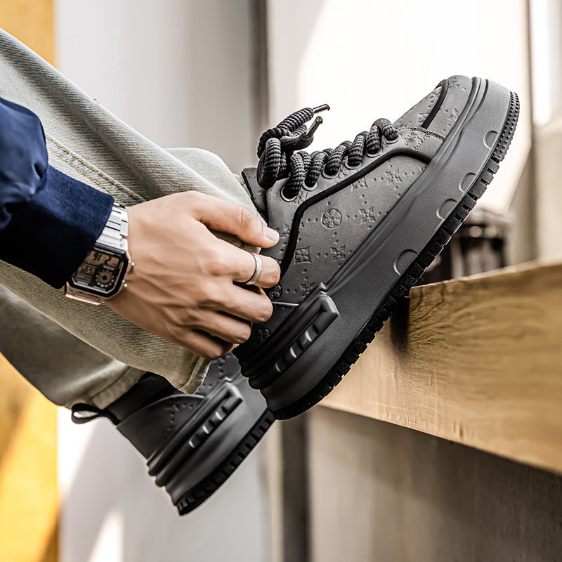 Trendy Embossed Low - Top Sneakers - Chunky Heel & Textured Upper