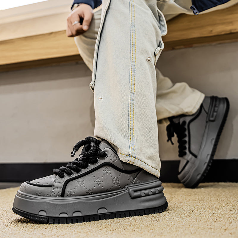 Trendy Embossed Low - Top Sneakers - Chunky Heel & Textured Upper