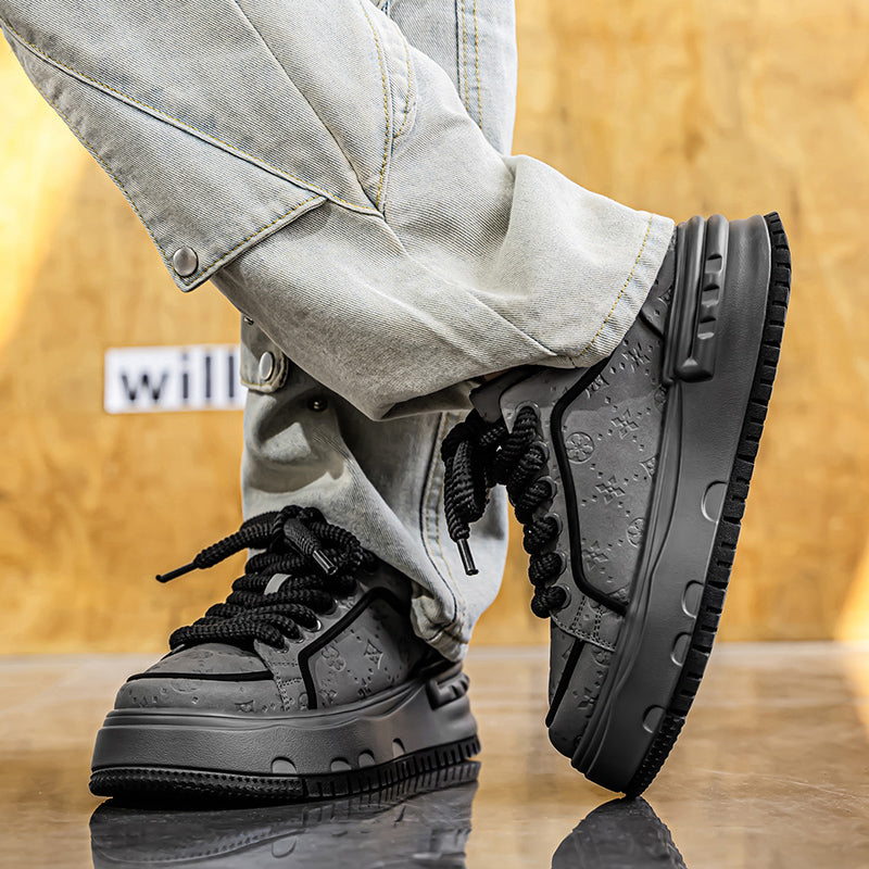 Trendy Embossed Low - Top Sneakers - Chunky Heel & Textured Upper