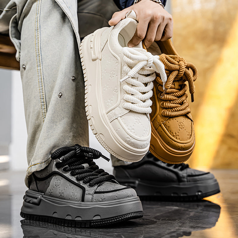 Trendy Embossed Low - Top Sneakers - Chunky Heel & Textured Upper