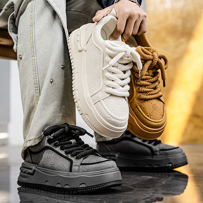 Trendy Embossed Low - Top Sneakers - Chunky Heel & Textured Upper