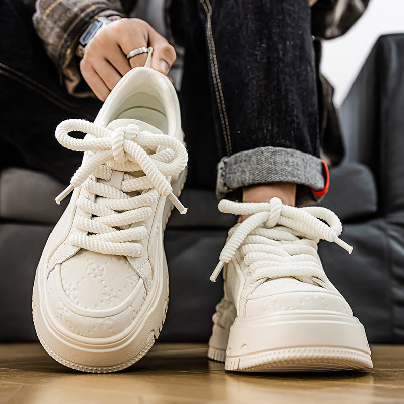 Trendy Embossed Low - Top Sneakers - Chunky Heel & Textured Upper