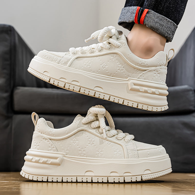 Trendy Embossed Low - Top Sneakers - Chunky Heel & Textured Upper