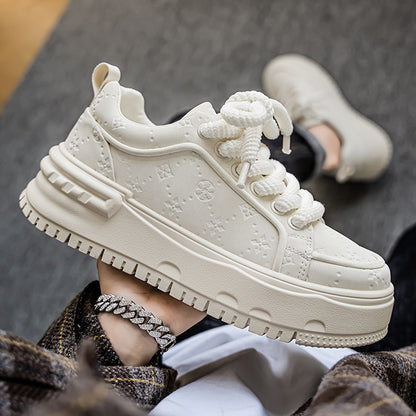 Trendy Embossed Low - Top Sneakers - Chunky Heel & Textured Upper