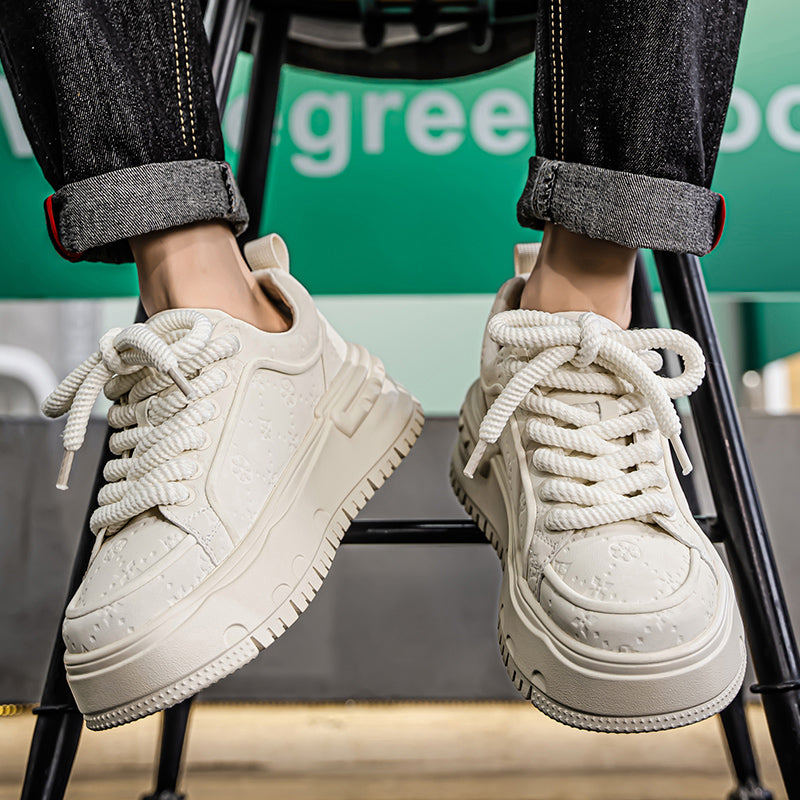 Trendy Embossed Low - Top Sneakers - Chunky Heel & Textured Upper