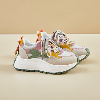 Women’s Vibrant Patchwork Sneakers - Chunky Heel & Retro Flair