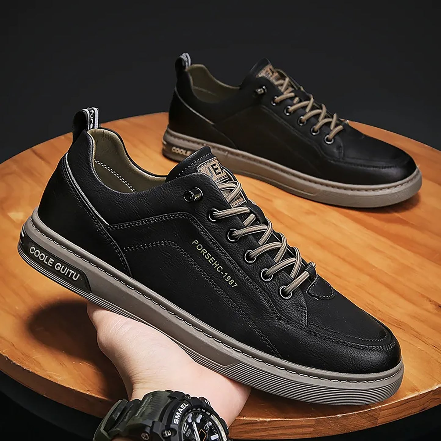 Men's Leather Low - Top Sneakers - Casual Lace - Up Fashion Shoes