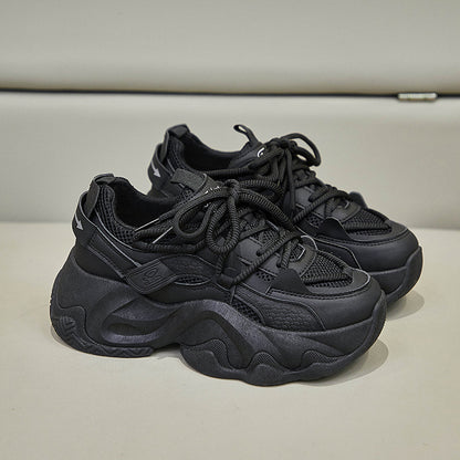 All - Black White Chunky Dad Sneakers - Mesh & Leather Platform Shoes