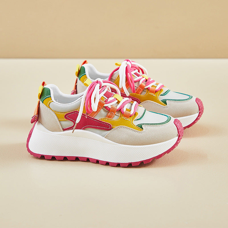 Women’s Vibrant Patchwork Sneakers - Chunky Heel & Retro Flair