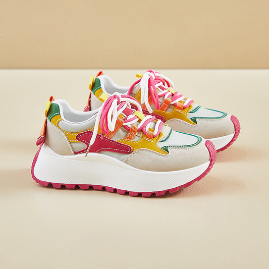 Women’s Vibrant Patchwork Sneakers - Chunky Heel & Retro Flair