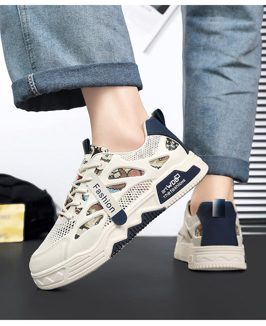 Men's Artistic Mesh Casual Sneakers - Multi-Color Woven Pattern Streetwear Shoes