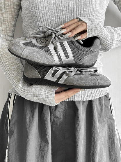 Women's Retro Suede Mesh Sneakers - Gray Casual Athletic Shoes with Silver Accents